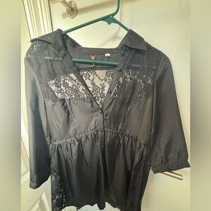 Black Lace Button-Up Blouse